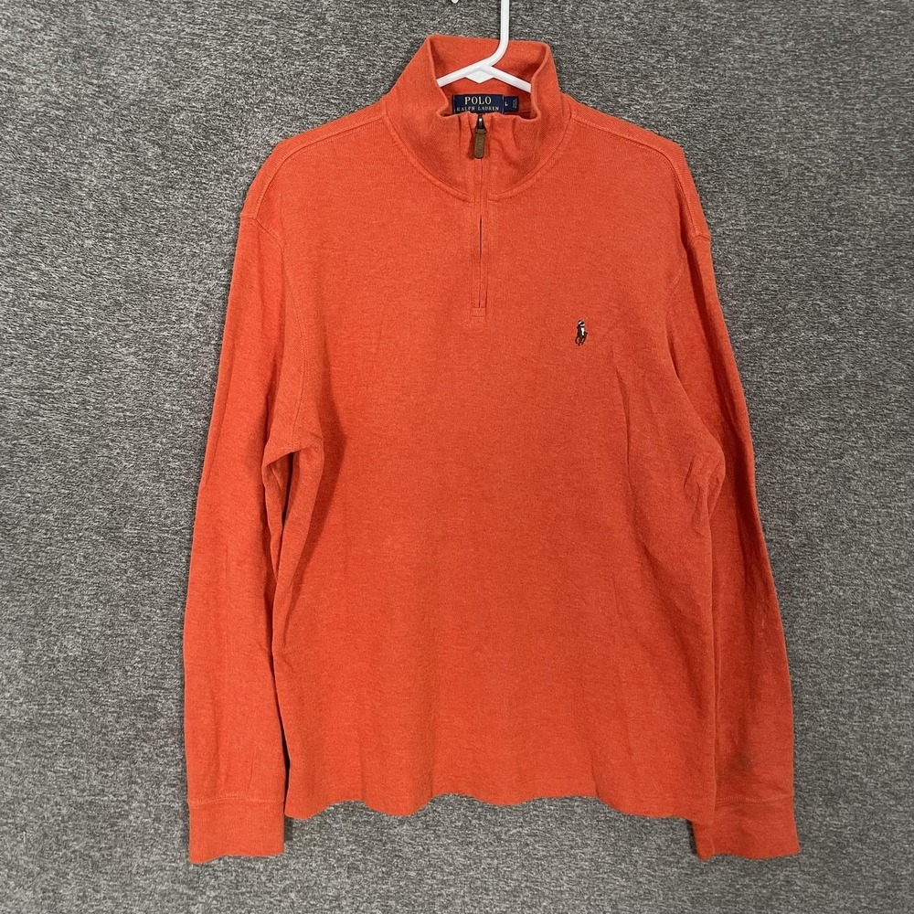 Polo Ralph‎ Lauren Sweater Mens Large Orange Estate Rib 1/4 Zip Mock Neck